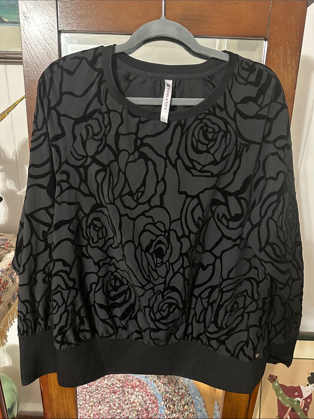 Very cool Fabletics Womens Floral Velvet Burnout Cutout Long-Sleeve Black Top